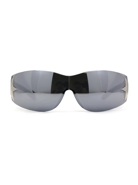 Womens Wrap Around Shield Star Jewel Retro 90s Sunglasses Black Silver Mirror