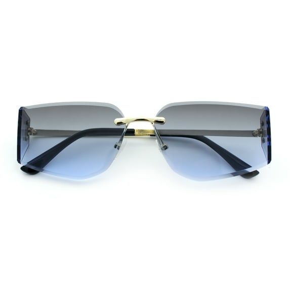 Womens Wrap Folded Lens Rectangular Rimless Luxury Sunglasses Gold - Navy