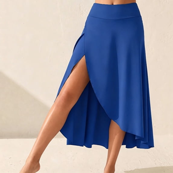 Womens Wrap Front Dance Skirt High Waist Ruffle Slit Midi Skirt for Yoga Casual Dark Blue 3XL
