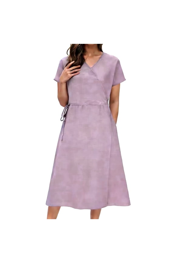 Womens Wrap Midi Dress with Pockets - Purple Short Sleeve Casual Dress, Adjustable Drawstring Waist & Machine Washable,Size 2XL