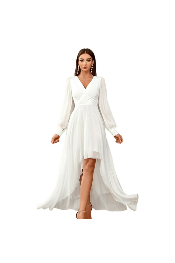 Womens Wrap Neck Puff Long Sleeve Swing Cocktails Maxi Dress High Waist Asymmetrical Ruffle Hem Evening Dresses