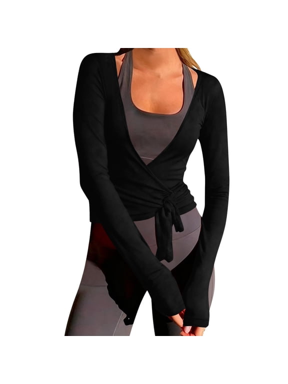 Womens Wrap Tie Tops,Deep V Neck Casual Tops Long Sleeve Ballet Pilates Yoga Workout Wrap Shirts Long Sleeve Deep V Neck Tie Front Workout T Shirts