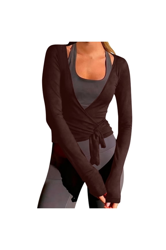 Womens Wrap Tie Tops，Long Sleeve Self Tie Dance Shirt Workout Active Blouses Long Sleeve Ballet Pilates Yoga Workout Wrap Shirts Pilates Yoga Tops