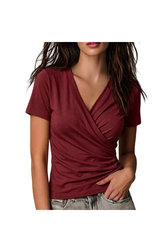 Womens Wrap Top Deep V Neck Short Sleeve Slim Fit Cross Wrap Shirts Crop Going Out Tops Red XL