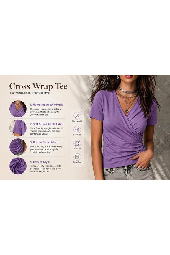 Womens Wrap Top Deep V Neck Short Sleeve Womens Tops Loose Fit Ruched Top Cross Wrap Tops For Women Purple L