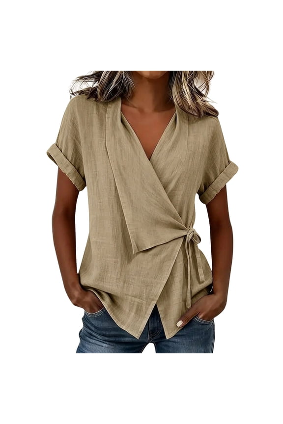 Womens Wrap Top Deep V Tie Up Irregular Loose Short Sleeve Shirt Classy Elegant Tops Work Clothes Brown L