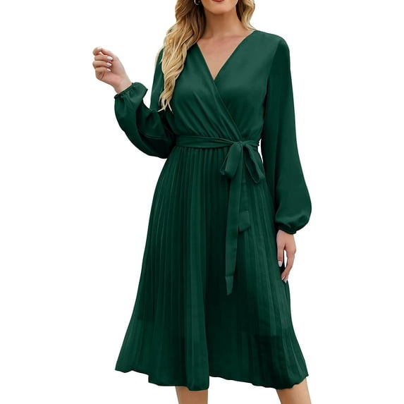 Womens Wrap V Neck Dresses for Wedding Guest Casual Pleated Long Sleeve Mini Dress