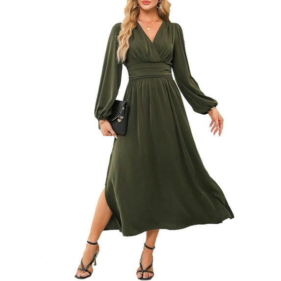 Womens Wrap V-Neck Empire Waist Dress Lantern Sleeve Ruched Side Slit Elegant Maxi Dress
