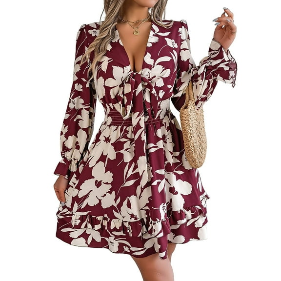 Womens Wrap V Neck Long Sleeve Sundress Summer Flare Tank Dress Wine Red S