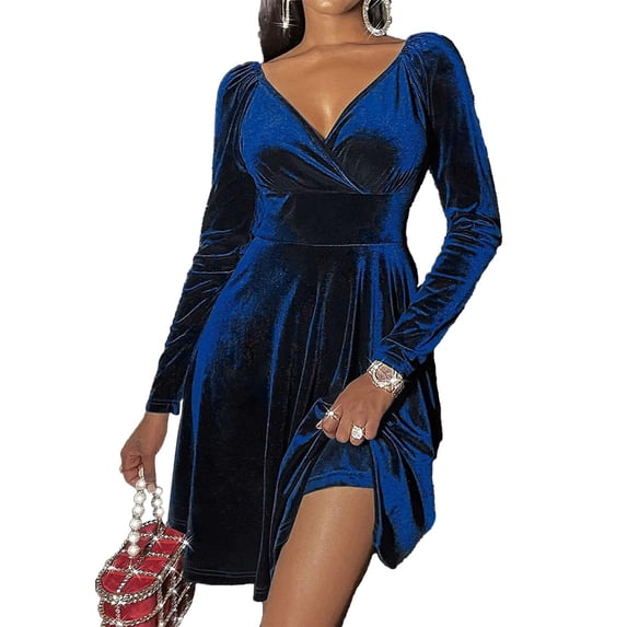 Womens Wrap V Neck Long Sleeve Velvet Glitter A Line Cocktail Party Swing Fit and Flare Skater Mini Dress