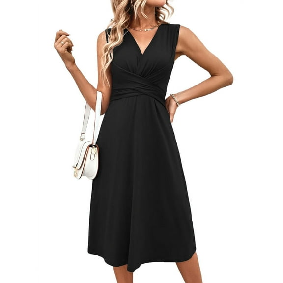 Womens Wrap V Neck Sleeveless Sundress Summer Flare Tank Dress Black S