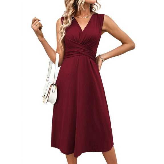 Womens Wrap V Neck Sleeveless Sundress Summer Flare Tank Dress Wine Red M