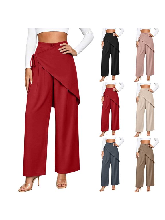 Womens Wrap Wide Leg Pants Sevevn Tie Side Asymmetric Overlay Layered High Waist Draped Palazzo Trousers for Party Evening Office Cocktail Wear