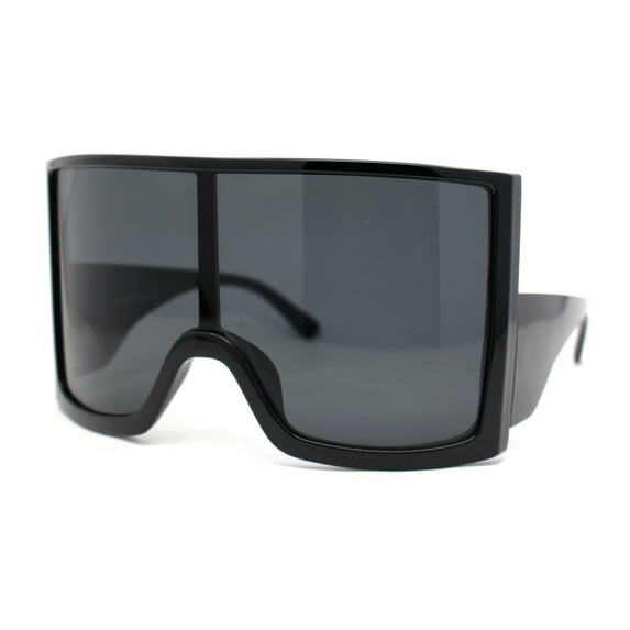 Womens XL Oversized Curved Shield Low Temple Huge Rectangle Sunglasses All Black