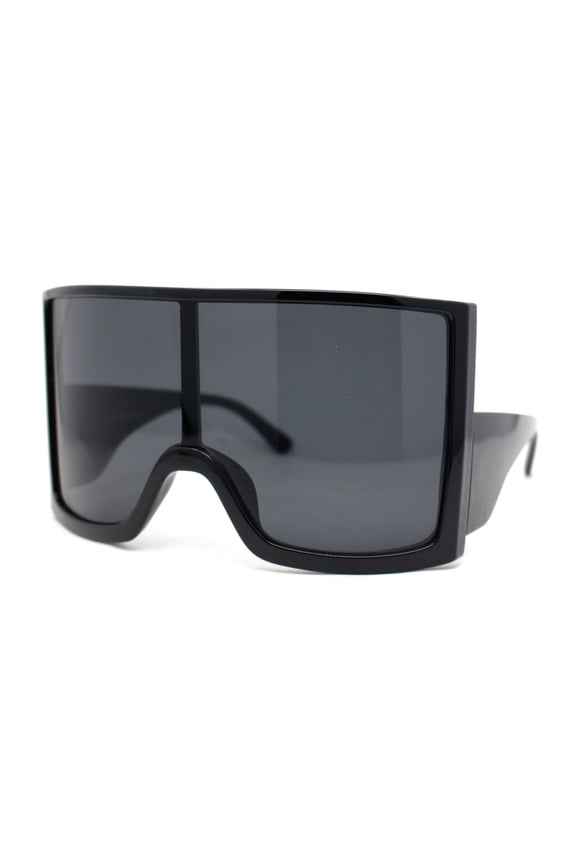 Womens XL Oversized Curved Shield Low Temple Huge Rectangle Sunglasses All Black