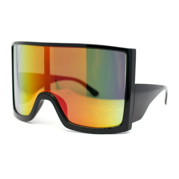 Womens XL Oversized Curved Shield Low Temple Huge Rectangle Sunglasses Black - Rainbow Mirror