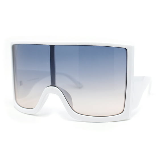 Womens XL Oversized Curved Shield Low Temple Huge Rectangle Sunglasses White - Navy Brown