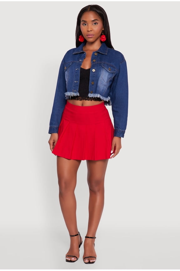 Womens XO Back Graphic Frayed Hem Cropped Denim Jacket