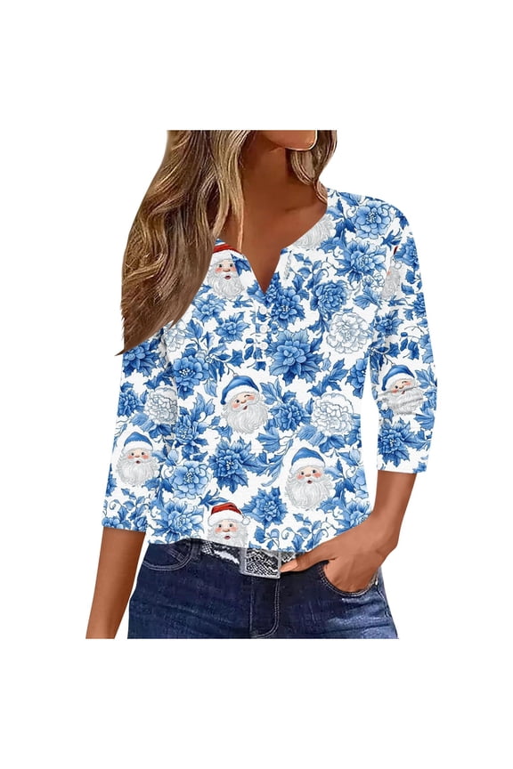 Womens Xmas Graphic Blouses Tops Henry Collar Long Sleeve Pullover Sweater Blouses Dressy Causal Christmas Tree Print Blouses Top