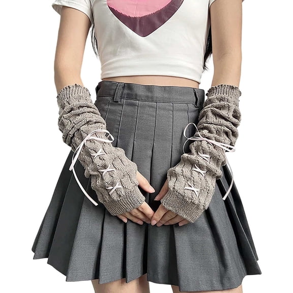Womens Y2K Arm Warmers Fingerless Gloves Knitted Arm Sleeves with Tie-Wrap Design Adjustable Straps Detachable Sleeves for Fall Winter Fashion