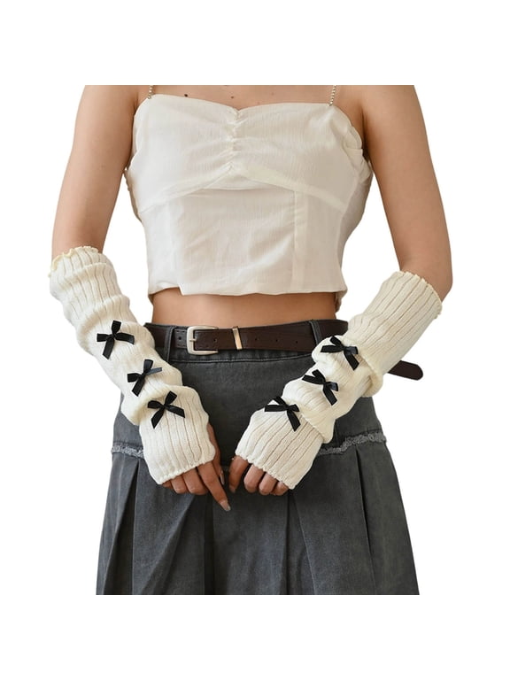 Womens Y2K Arm Warmers Warm Arm Sleeves with Bow Design Fingerless Gloves Millennial Style Cozy Winter Mittens