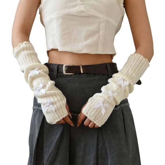 Womens Y2K Arm Warmers Warm Arm Sleeves with Bow Design Fingerless Gloves Millennial Style Cozy Winter Mittens
