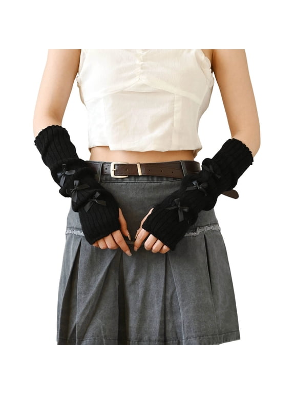 Womens Y2K Arm Warmers Warm Arm Sleeves with Bow Design Fingerless Gloves Millennial Style Cozy Winter Mittens