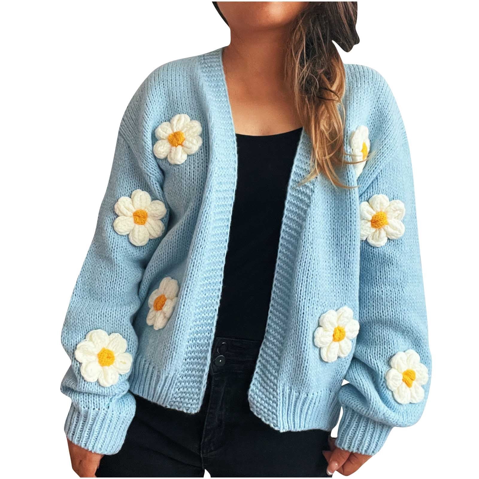 Womens Y2K Cardigan Sweaters Long Sleeve Open Front Cropped Flower