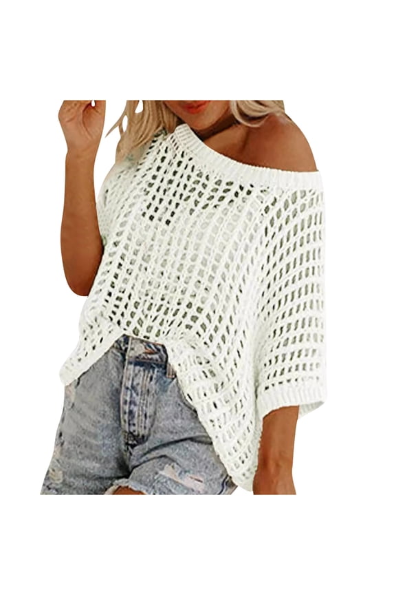 Womens Y2K Crochet Fishnet Long Sleeve Top Off the Shoulder Fall Clothes Going Out Oversized Knitted Sweater Cover Up Lightweight Baggy Hollow Out Pullover Tops Knitwear #06 White XL