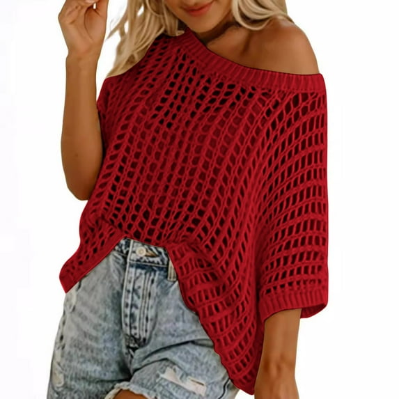 Womens Y2K Crochet Fishnet Long Sleeve Top Off the Shoulder Fall Clothes Going Out Oversized Knitted Sweater Cover Up Lightweight Baggy Hollow Out Pullover Tops Knitwear #14 Wine XL