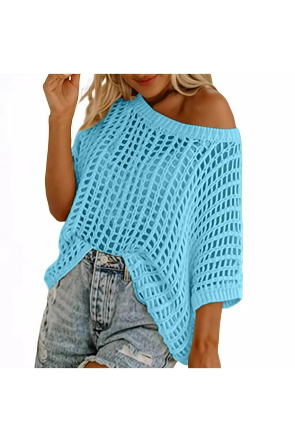 Womens Y2K Crochet Fishnet Long Sleeve Top Off the Shoulder Fall Clothes Going Out Oversized Knitted Sweater Cover Up Lightweight Baggy Hollow Out Pullover Tops Knitwear #11 Light Blue L