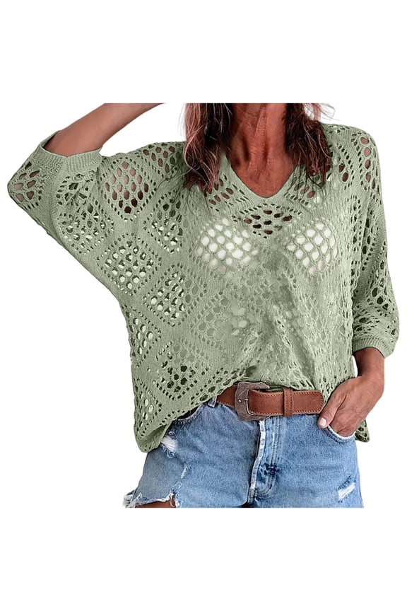 Womens Y2K Crochet Fishnet Long Sleeve Top Off The Shoulder Jumper Going Out Oversized Knitted Cover Up Sweater Lightweight Baggy Hollow Out Pullover Tops Knitwear Summer 2026
