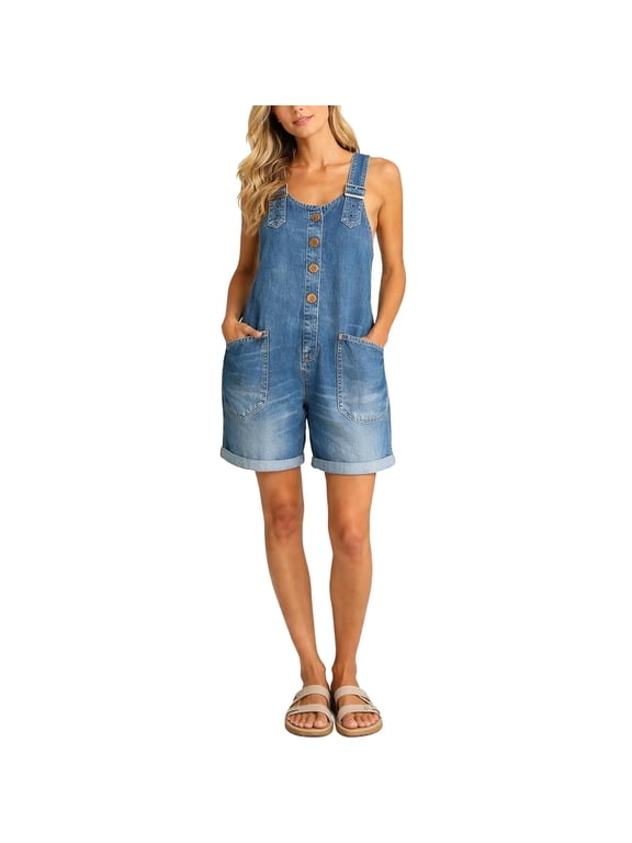 Womens Y2K Denim Shortalls Button Front Loose Fit Bib Overall Shorts Adjustable Strap Jean Romper with Pockets