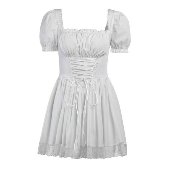 Womens Y2K Gothic Mini Dress Puff Short Sleeve Lace Trim Vintage High Waist Corset A-line Dress