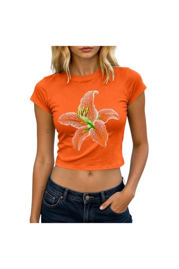 Womens Y2K Graphic Baby Tees Summer Flower Vintage Short Sleeve Tops Slim Fit Cropped T-Shirts