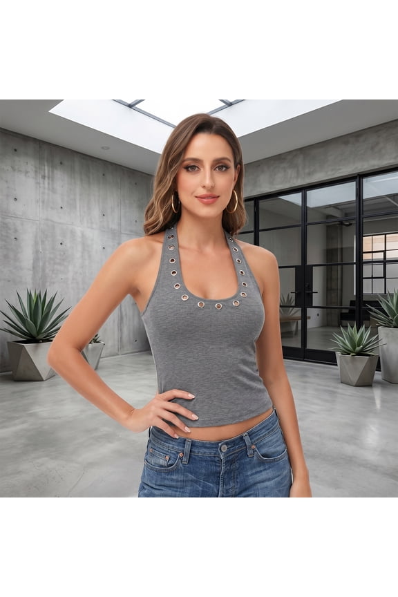 Womens Y2K Halter Crop Tops Rivet Studded Backless Tank Tops Sleeveless Scoop Neck Slim Fit Sexy Cropped Going Out Shirts for Summer Concert Rave Party Streetwear