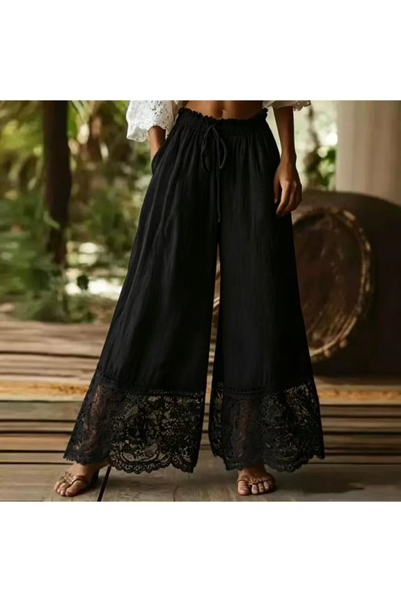 Womens Y2K Lace Trim Hem Long Bloomers Elastic Mid Rise Ruffle Pantaloons Cropped Flared Slips Pants Black S