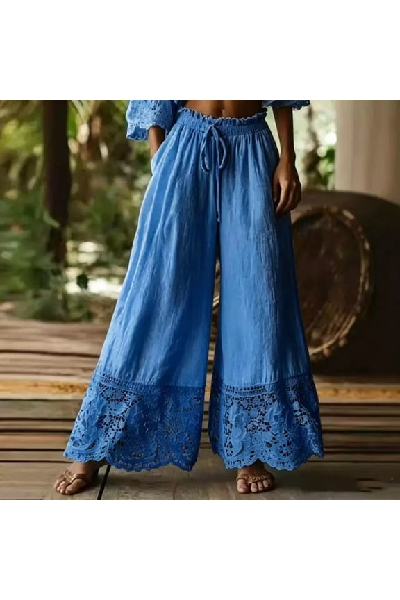 Womens Y2K Lace Trim Hem Long Bloomers Elastic Mid Rise Ruffle Pantaloons Cropped Flared Slips Pants Blue XL