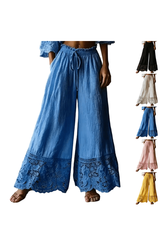 Womens Y2K Lace Trim Hem Long Bloomers Elastic Mid Rise Ruffle Pantaloons Cropped Flared Slips Pants Pajama Bottoms Blue S