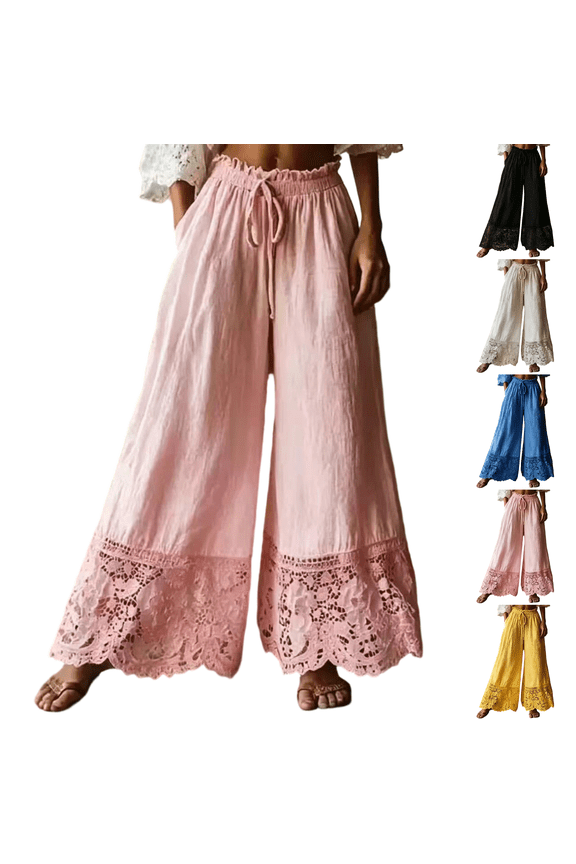 Womens Y2K Lace Trim Hem Long Bloomers Elastic Mid Rise Ruffle Pantaloons Cropped Flared Slips Pants Pajama Bottoms Pink L