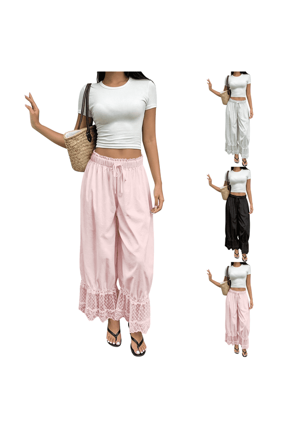 Womens Y2K Lace Trim Hem Long Bloomers Elastic Mid Rise Ruffle Pantaloons Cropped Flared Slips Pants Pajama Bottoms Pink M