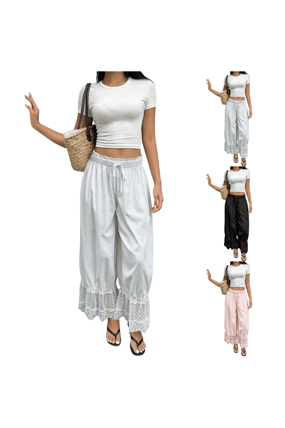 Womens Y2K Lace Trim Hem Long Bloomers Elastic Mid Rise Ruffle Pantaloons Cropped Flared Slips Pants Pajama Bottoms White S