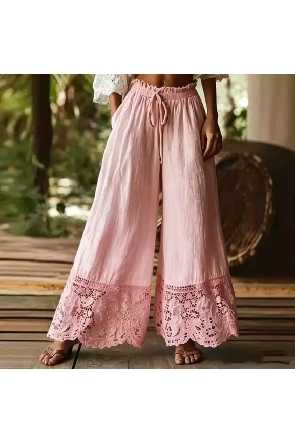 Womens Y2K Lace Trim Hem Long Bloomers Elastic Mid Rise Ruffle Pantaloons Cropped Flared Slips Pants Pink S