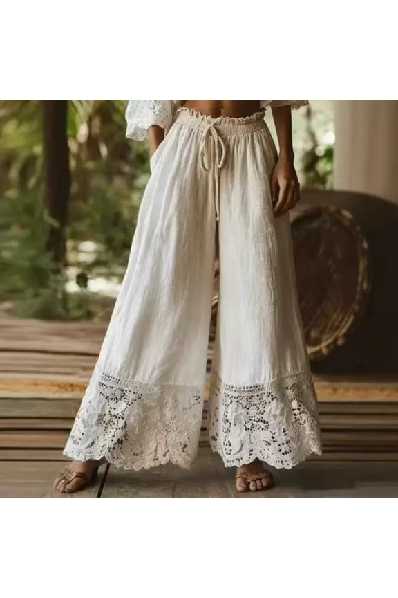 Womens Y2K Lace Trim Hem Long Bloomers Elastic Mid Rise Ruffle Pantaloons Cropped Flared Slips Pants White S