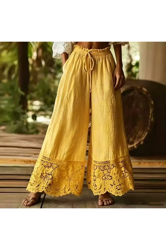 Womens Y2K Lace Trim Hem Long Bloomers Elastic Mid Rise Ruffle Pantaloons Cropped Flared Slips Pants Yellow S