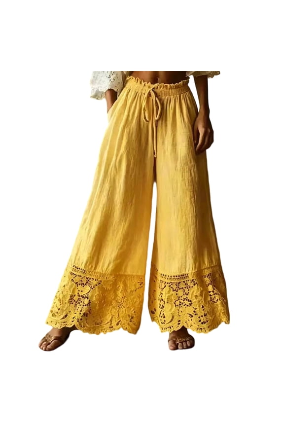 Womens Y2K Lace linen Trim Hem Long Bloomers Ruffle Hem Pantaloons Pj Bottoms | Women Elastic Drawstring Mid Rise Lace Patchwork Pettipants Cropped Flared Slips Pants Pajama Bottoms,L