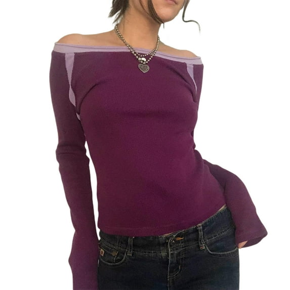 Womens Y2K Long Sleeve Shirt Off Shoulder Ribbed Knit Crop Top Contrast Color Slim Fitted Casual Tee Top