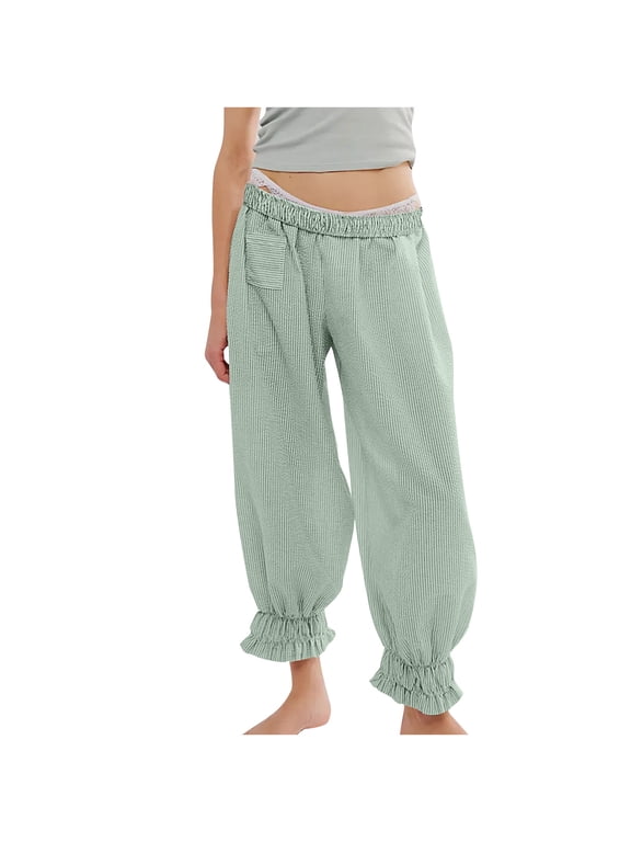 Womens Y2K Low Rise Pants Baggy Casual Ruffle Cinch Bottom Lounge Pants Striped Comfy Sweatpants FP Dupe Joggers