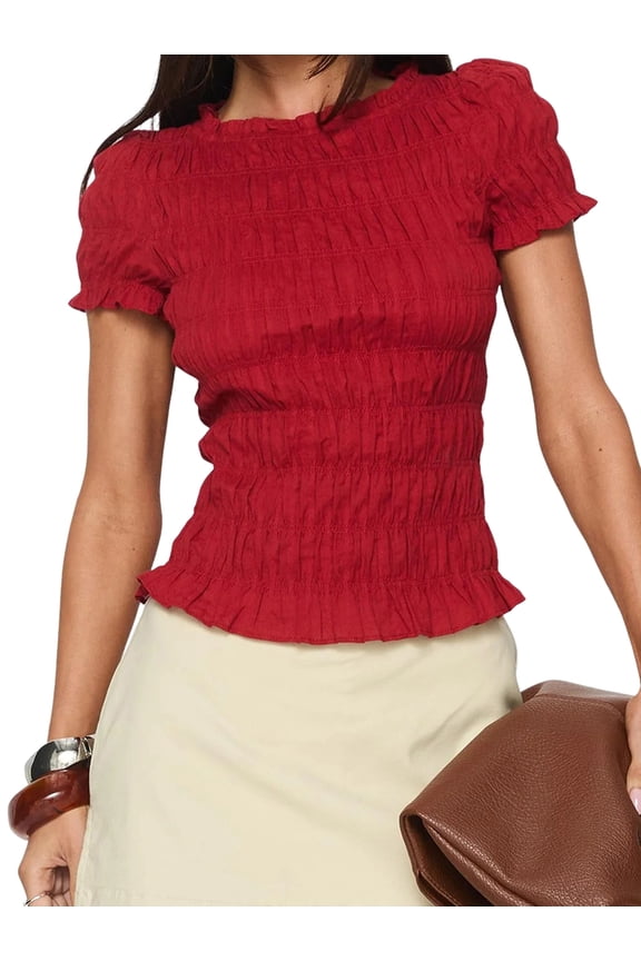 Womens Y2K Smocked Shirt Shirred Short Sleeve Crewneck Crop Top Ruffle Hem Going Out Tee Top Red L
