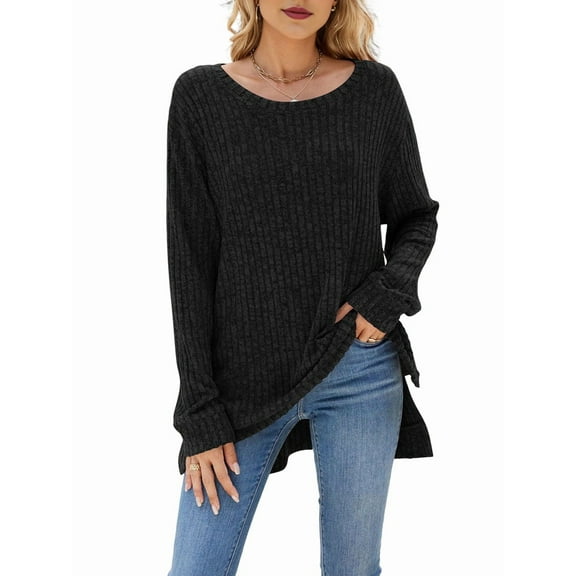 Womens Y2K Split Side Knit Sweater Crewneck Long Sleeve Pullover Solid Knit Side Slit Blouse Tunics Black L